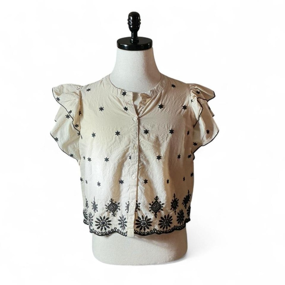 Calligraphie Cream Black Embroidered Ruffle Sleeve Cotton‎ Preppy Top Blouse M